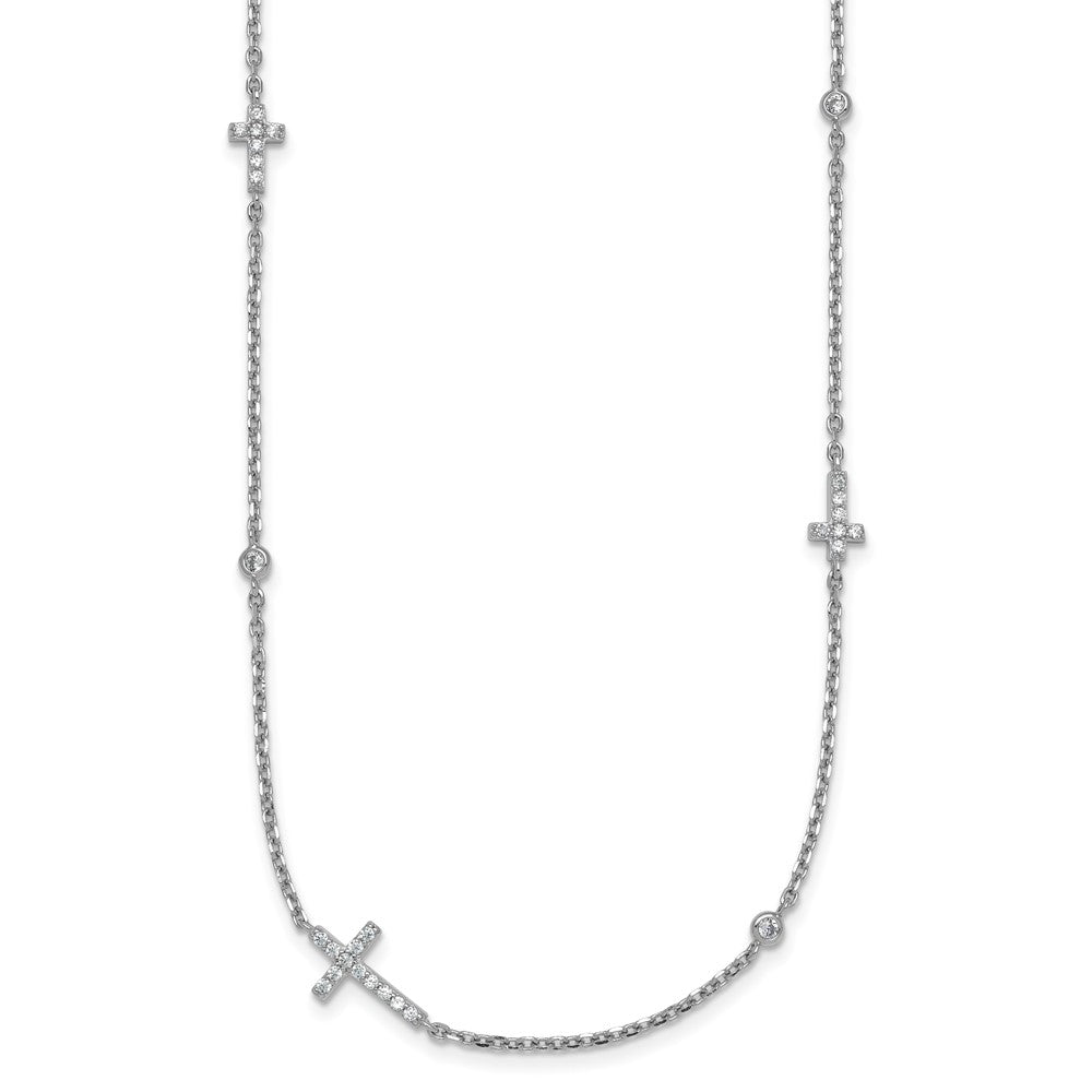 SS Rhodium-plated Polished CZ Crosses 15in w/1.5 in ext. Necklace