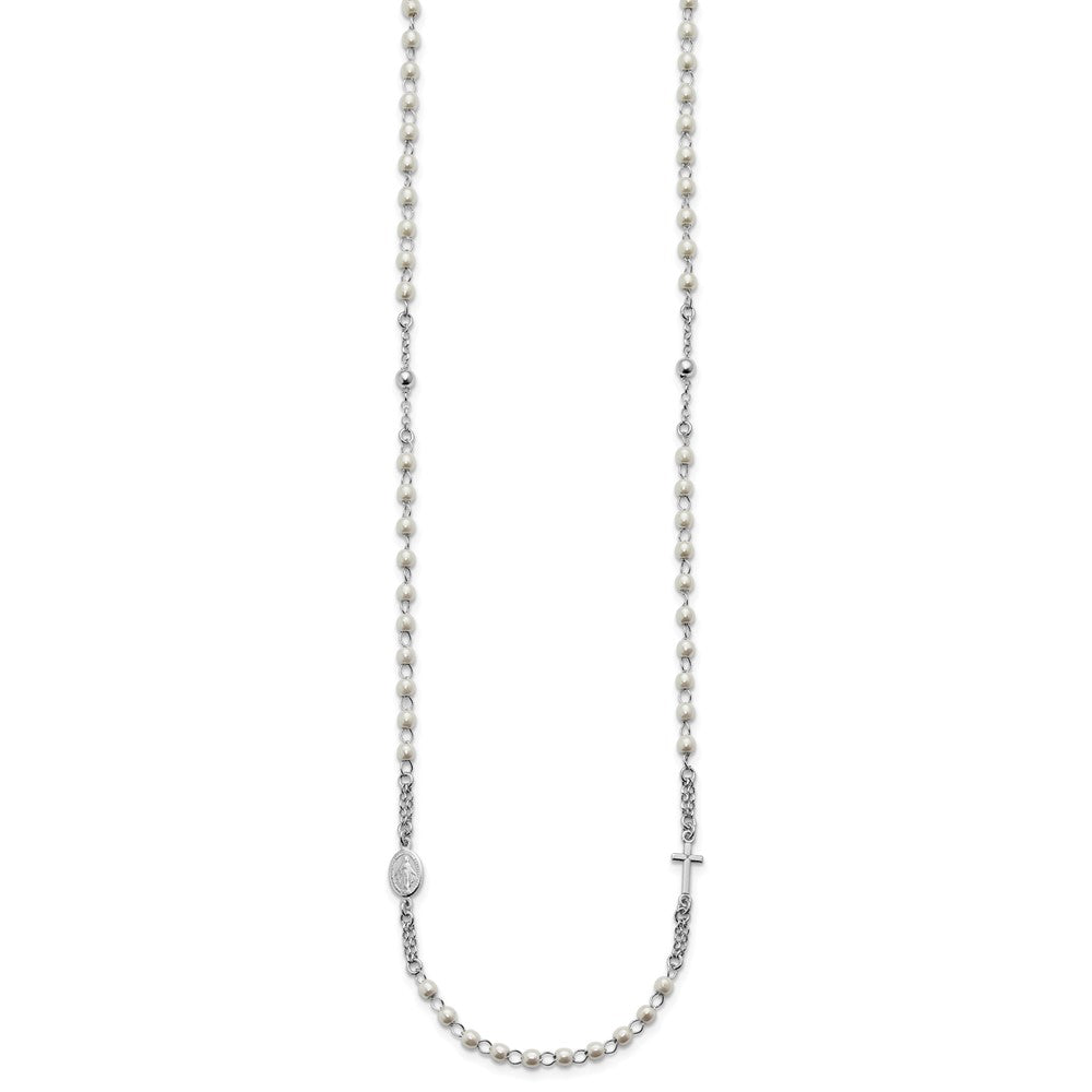 SS Rh-plat Plastic Imitation Pearl 19.75in w/1in ex. Rosary Themed Necklace