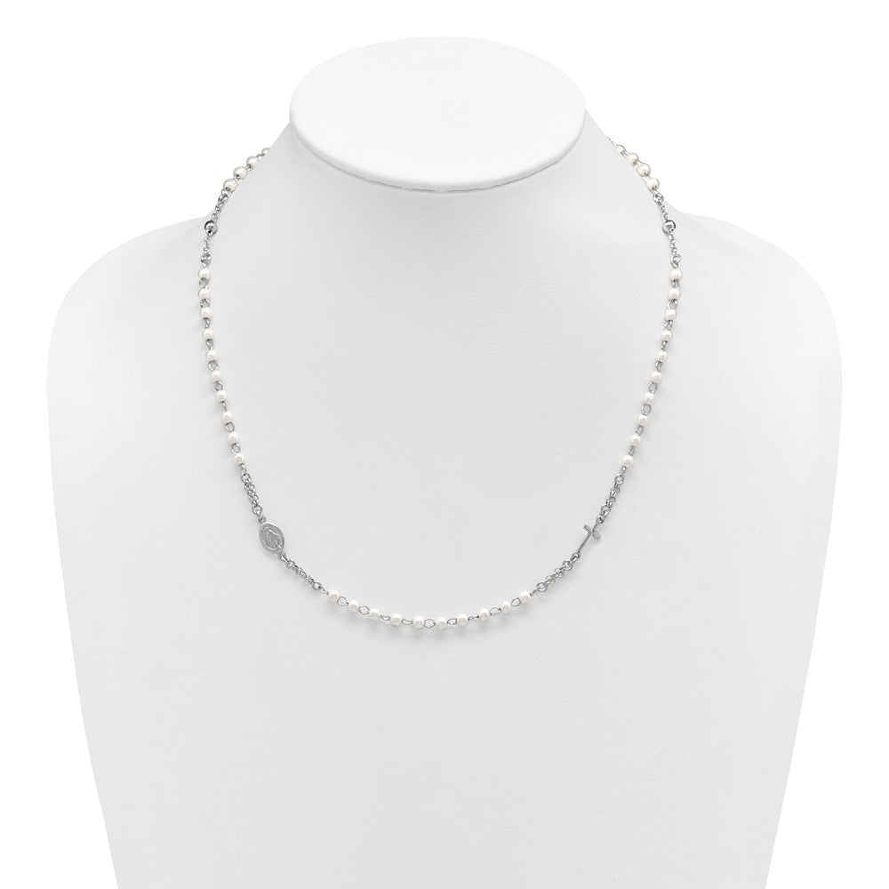 SS Rh-plat Plastic Imitation Pearl 19.75in w/1in ex. Rosary Themed Necklace
