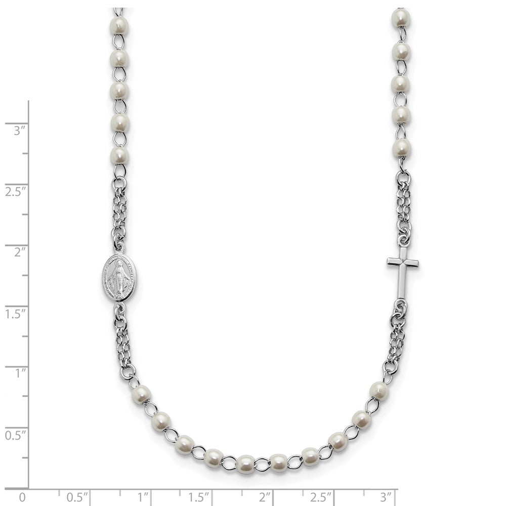 SS Rh-plat Plastic Imitation Pearl 19.75in w/1in ex. Rosary Themed Necklace