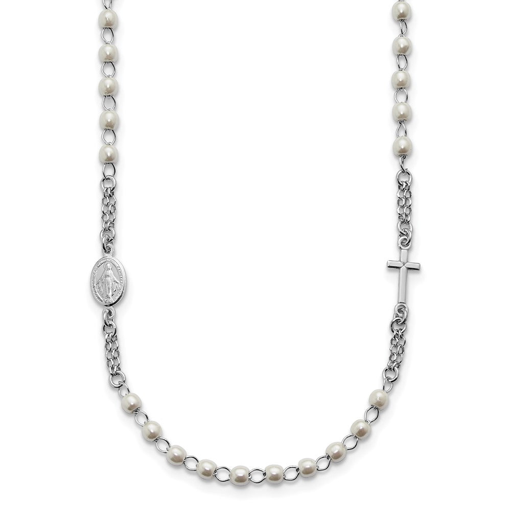 SS Rh-plat Plastic Imitation Pearl 19.75in w/1in ex. Rosary Themed Necklace