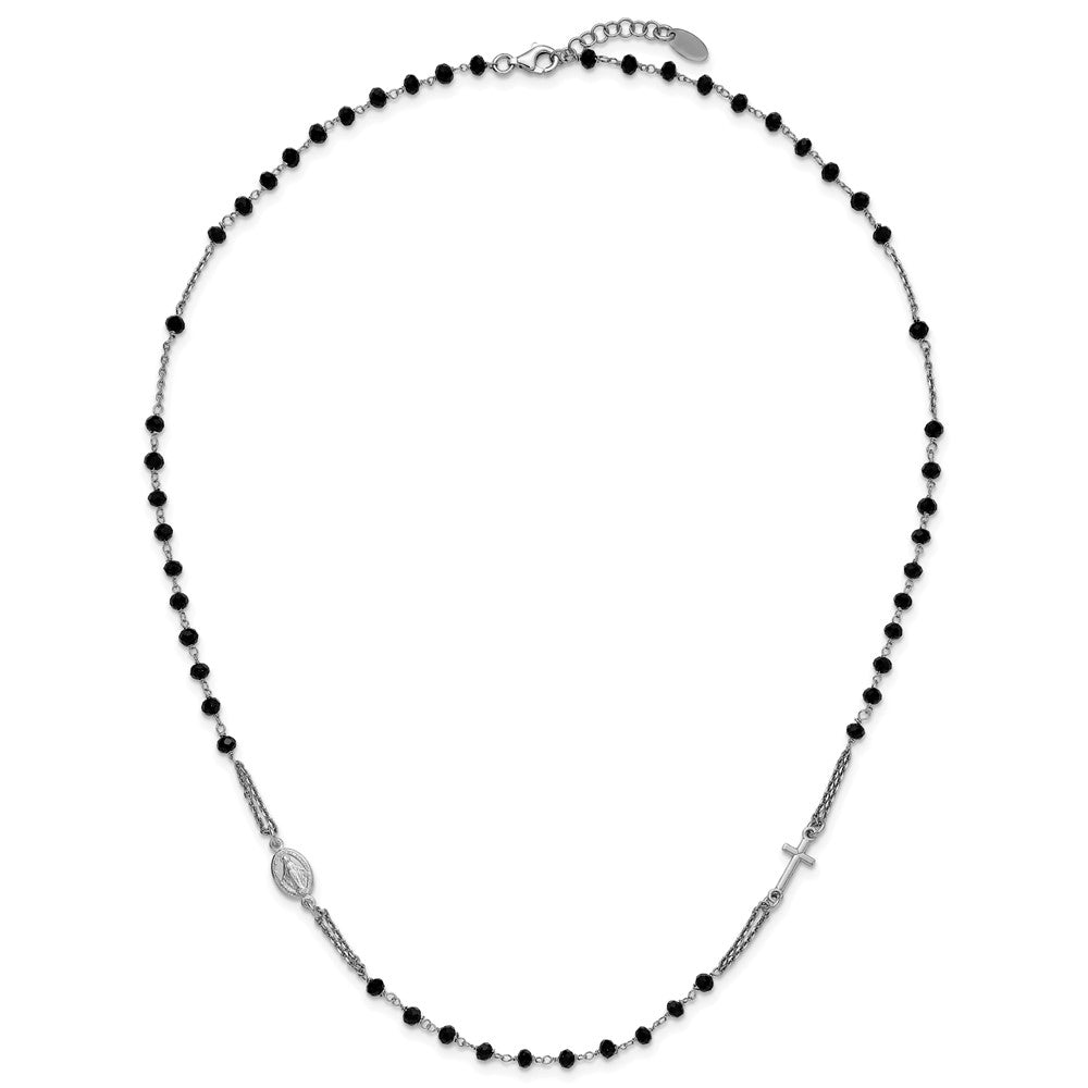 Sterling Silver Rh-plat Blk Crystal 20in w/.5in ext Rosary Themed Necklace