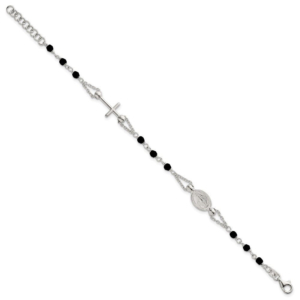 SS Polished Beaded Black Glass Rosary-Design 6.5in w/1in Ext Bracelet