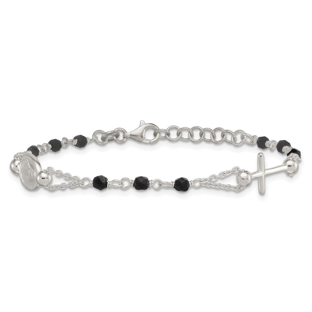 SS Polished Beaded Black Glass Rosary-Design 6.5in w/1in Ext Bracelet