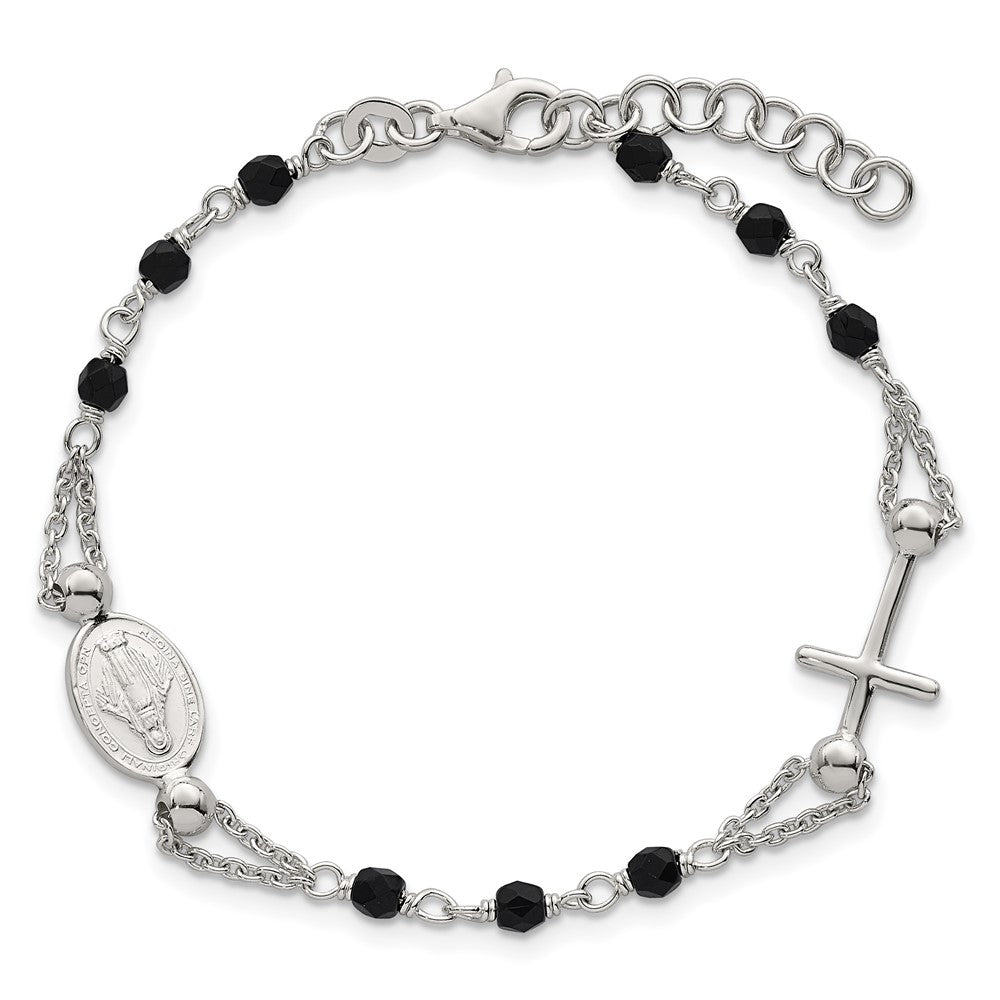 SS Polished Beaded Black Glass Rosary-Design 6.5in w/1in Ext Bracelet