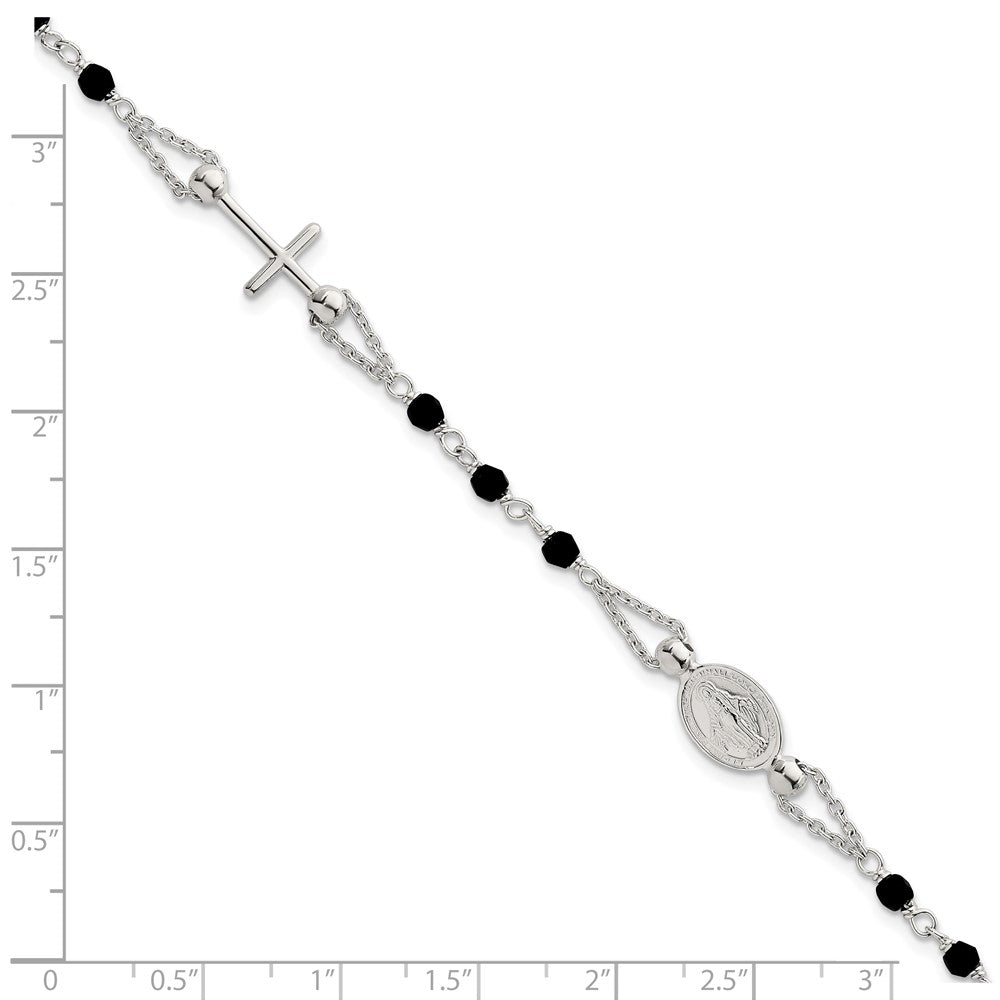 SS Polished Beaded Black Glass Rosary-Design 6.5in w/1in Ext Bracelet