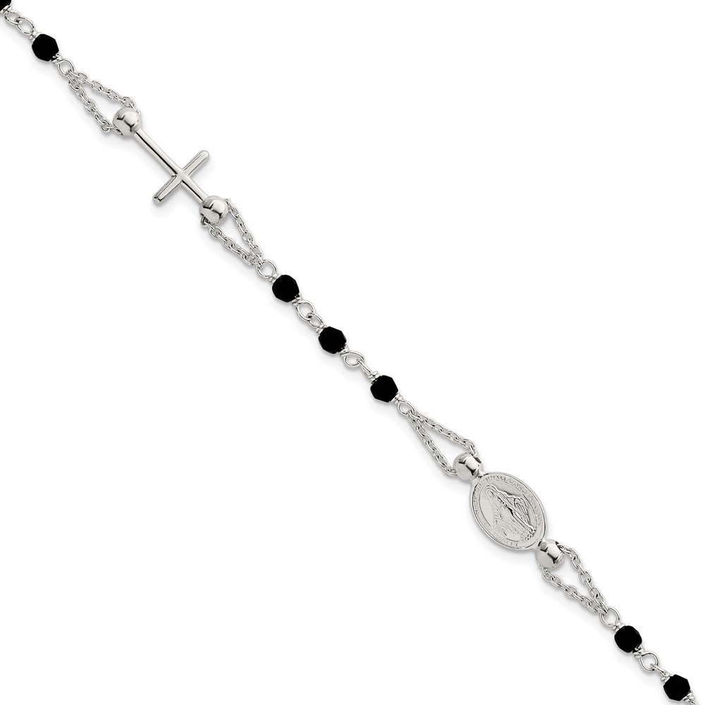 SS Polished Beaded Black Glass Rosary-Design 6.5in w/1in Ext Bracelet