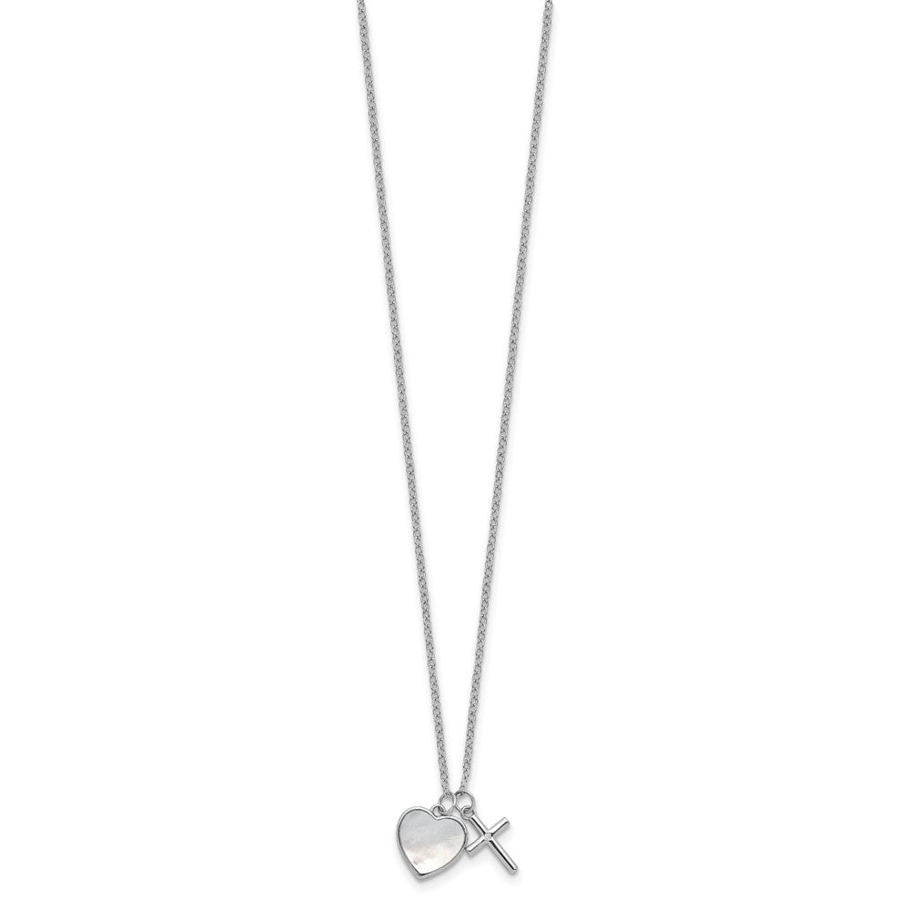 SS RH-pltd MOP and CZ Heart and Cross 14in w/3in Ext Necklace