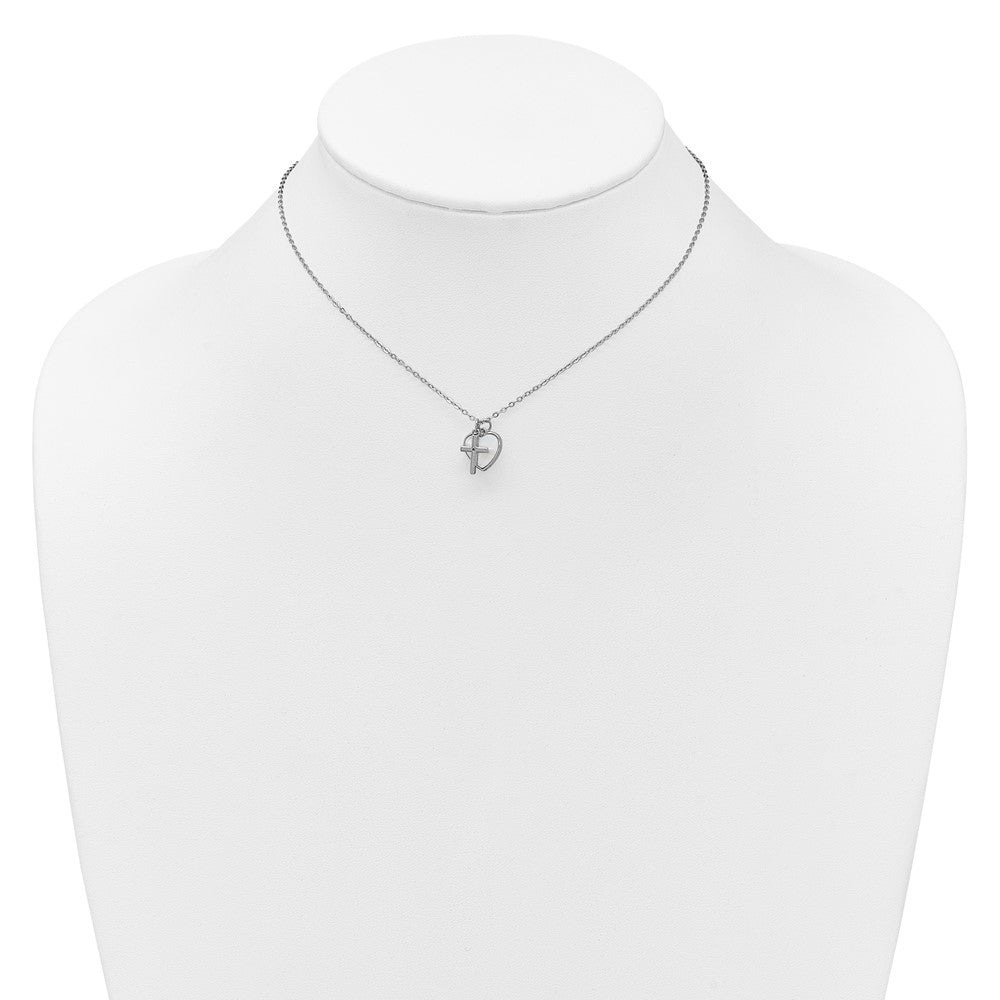 SS RH-pltd MOP and CZ Heart and Cross 14in w/3in Ext Necklace