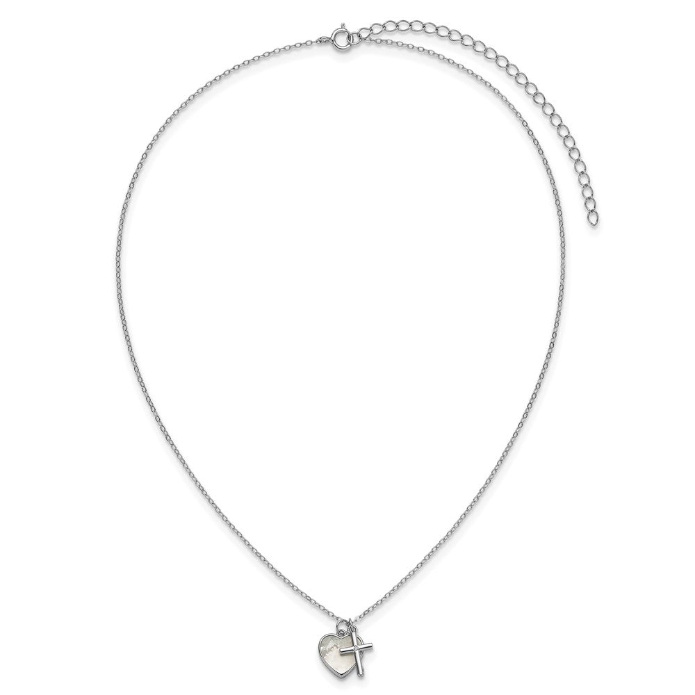 SS RH-pltd MOP and CZ Heart and Cross 14in w/3in Ext Necklace
