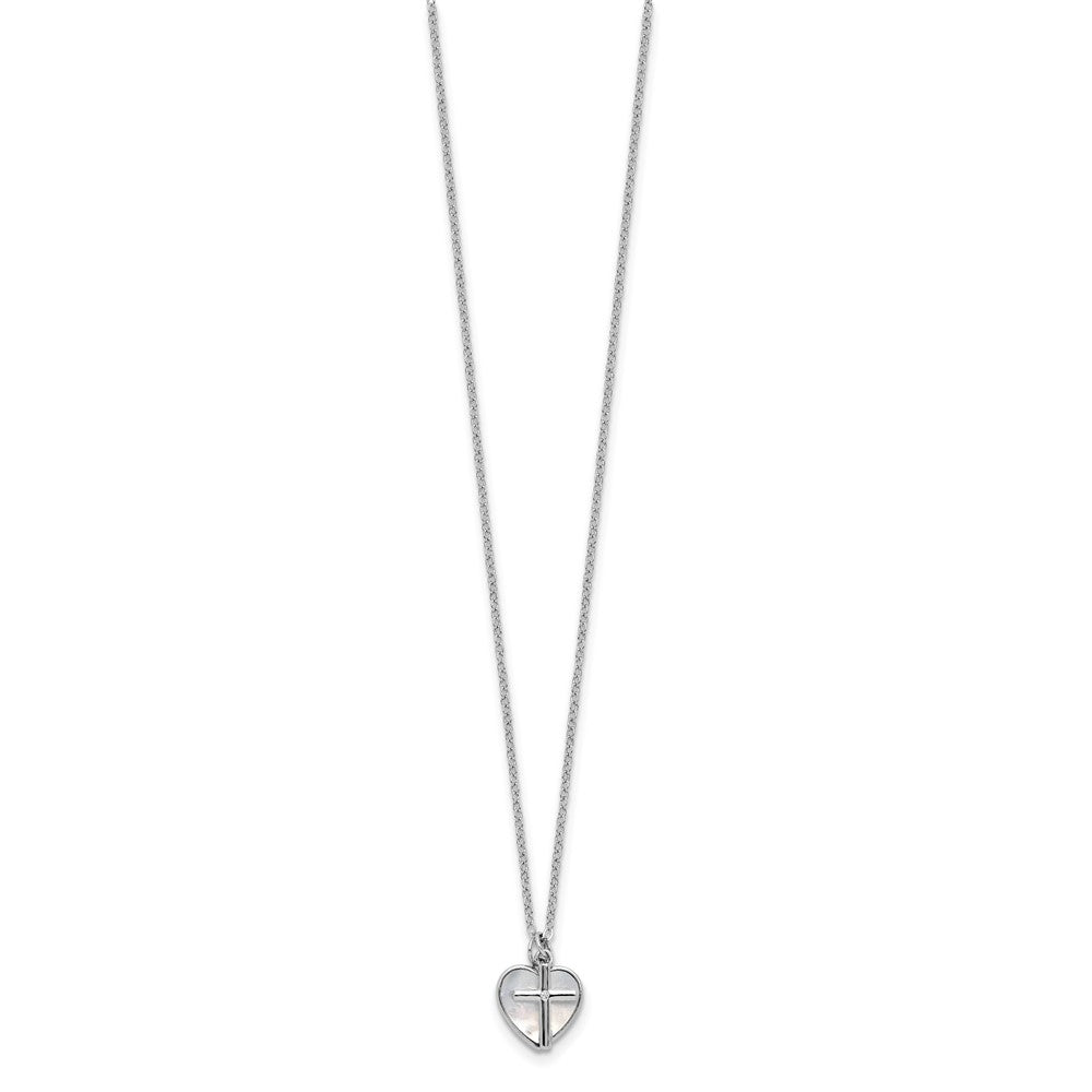 SS RH-pltd MOP and CZ Heart and Cross 14in w/3in Ext Necklace