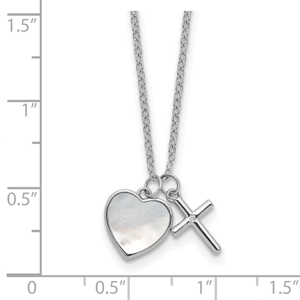 SS RH-pltd MOP and CZ Heart and Cross 14in w/3in Ext Necklace