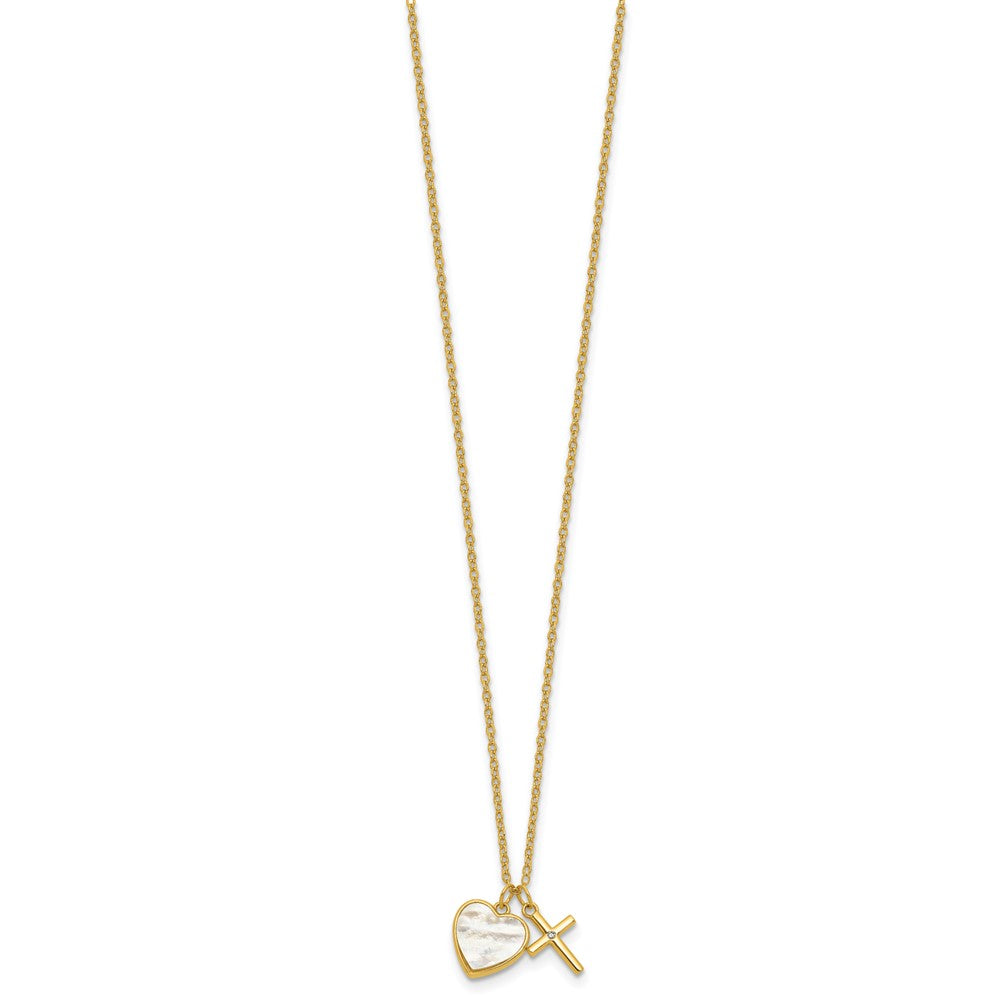 Sterling Silver Gold-plated MOP CZ Heart and Cross 14in w/3in Ext Necklace
