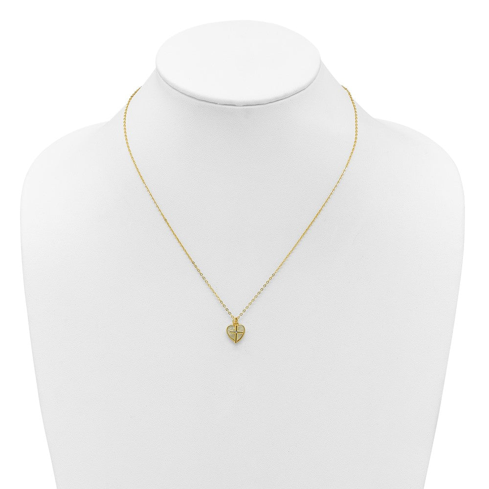 Sterling Silver Gold-plated MOP CZ Heart and Cross 14in w/3in Ext Necklace