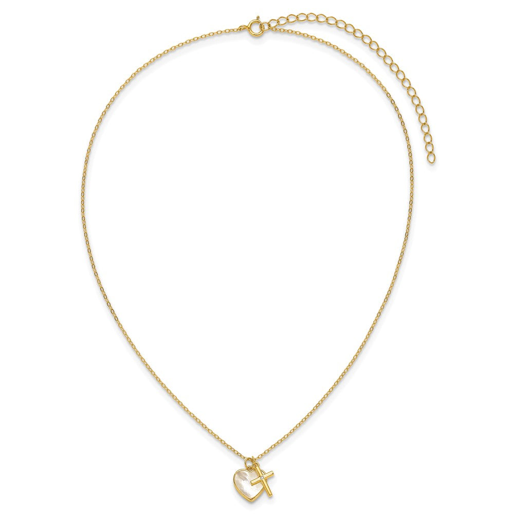 Sterling Silver Gold-plated MOP CZ Heart and Cross 14in w/3in Ext Necklace