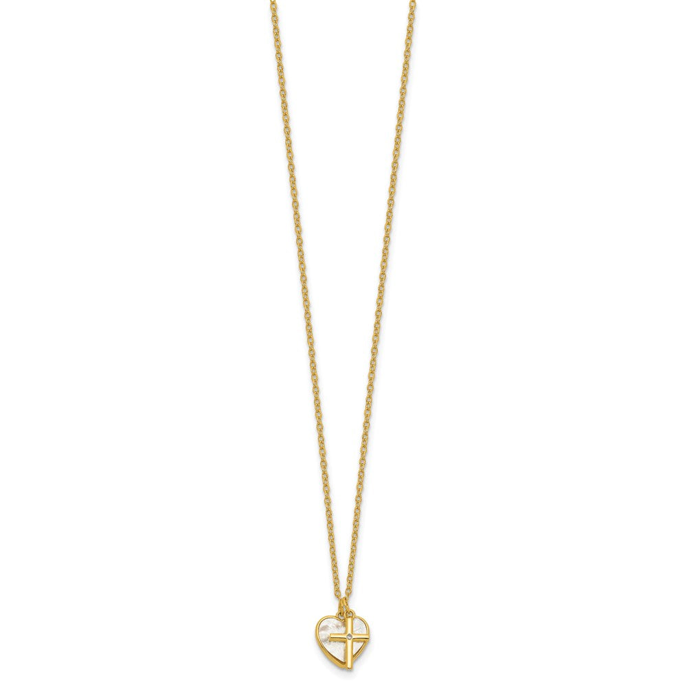 Sterling Silver Gold-plated MOP CZ Heart and Cross 14in w/3in Ext Necklace