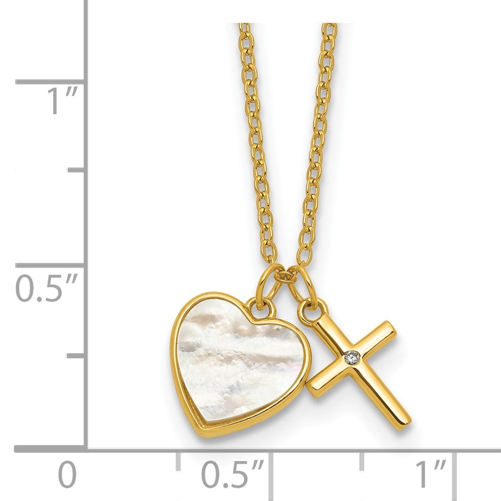 Sterling Silver Gold-plated MOP CZ Heart and Cross 14in w/3in Ext Necklace
