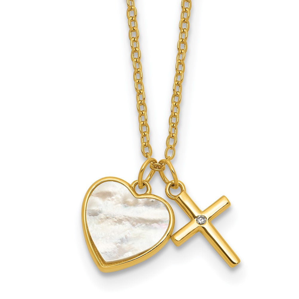 Sterling Silver Gold-plated MOP CZ Heart and Cross 14in w/3in Ext Necklace