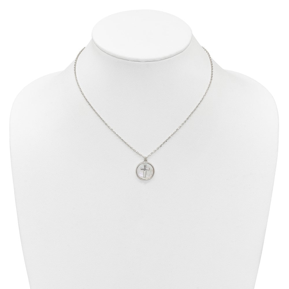 Sterling Silver Polished Mother Of Pearl Cross Necklace