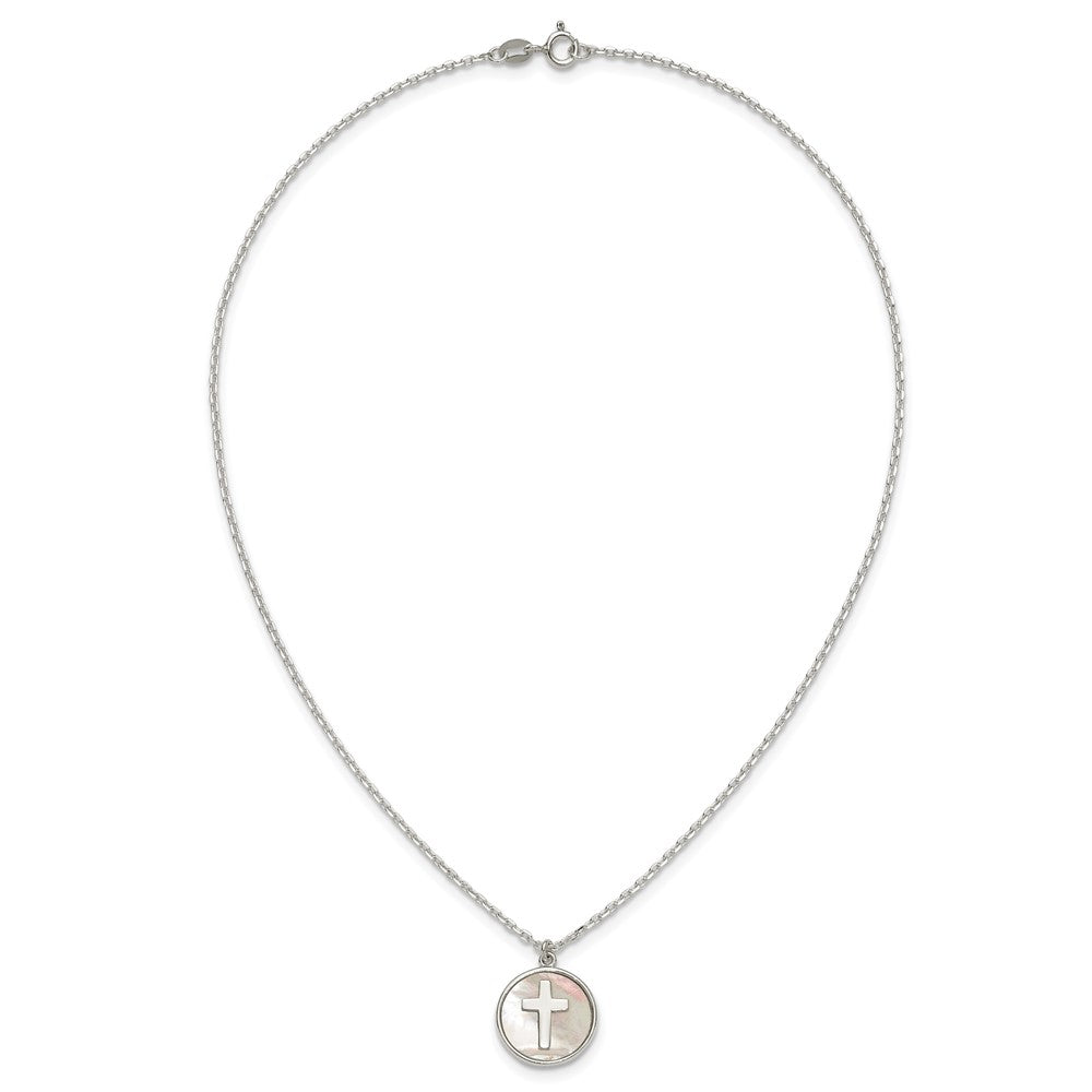 Sterling Silver Polished Mother Of Pearl Cross Necklace