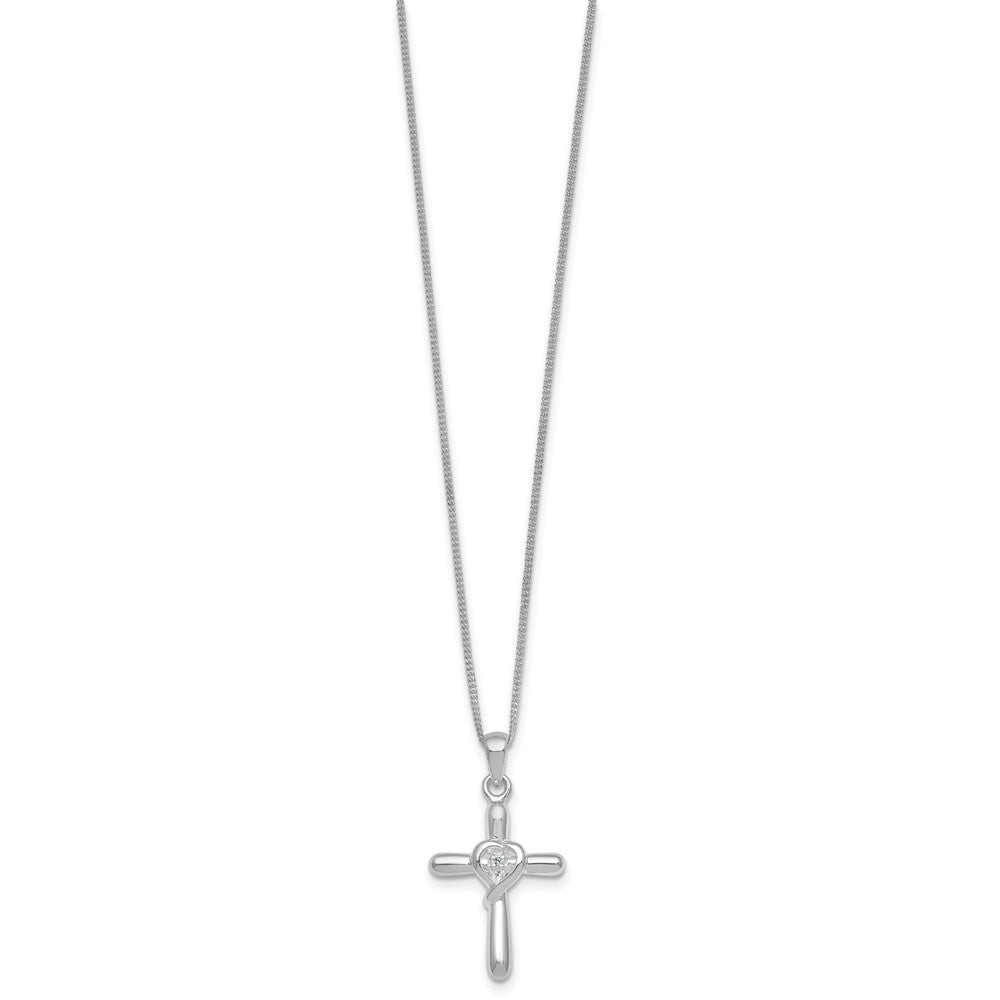SS RH-plated Polished CZ Heart Cross 20in w/3in Ext Necklace