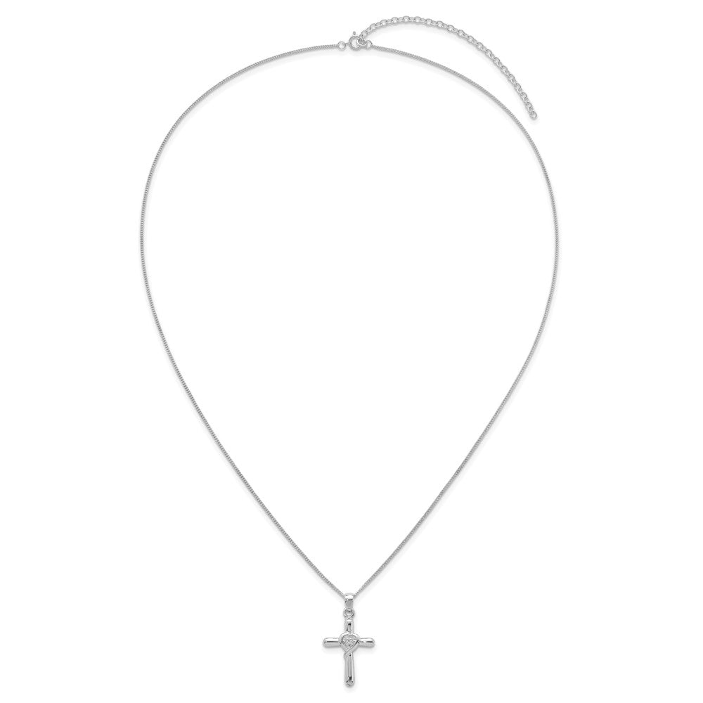 SS RH-plated Polished CZ Heart Cross 20in w/3in Ext Necklace