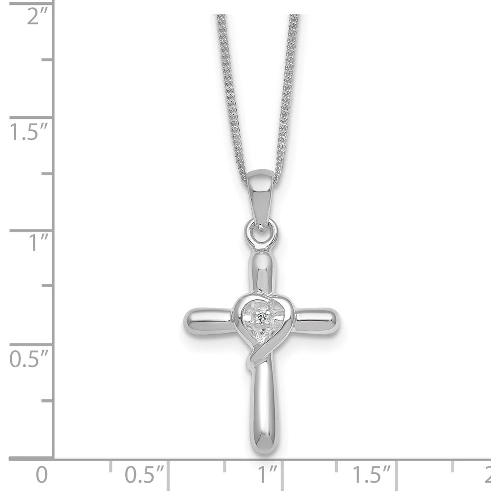 SS RH-plated Polished CZ Heart Cross 20in w/3in Ext Necklace
