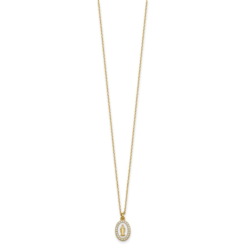 Sterling Silver Gold-plat CZ Enamel Miraculous Medal w/2in ext. Necklace