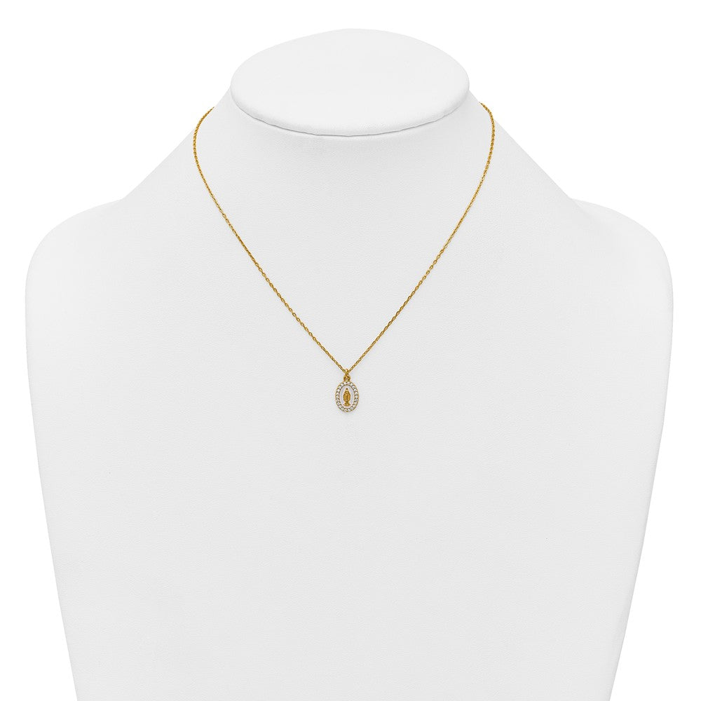 Sterling Silver Gold-plat CZ Enamel Miraculous Medal w/2in ext. Necklace
