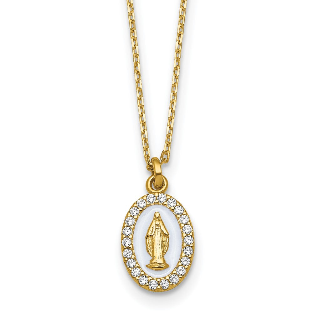 Sterling Silver Gold-plat CZ Enamel Miraculous Medal w/2in ext. Necklace