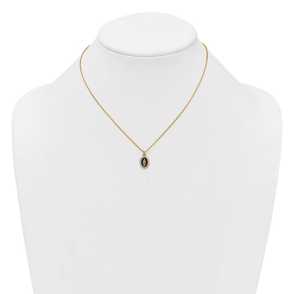 Sterling Silver Gold-plat CZ Enamel Miraculous Medal w/2in ext. Necklace