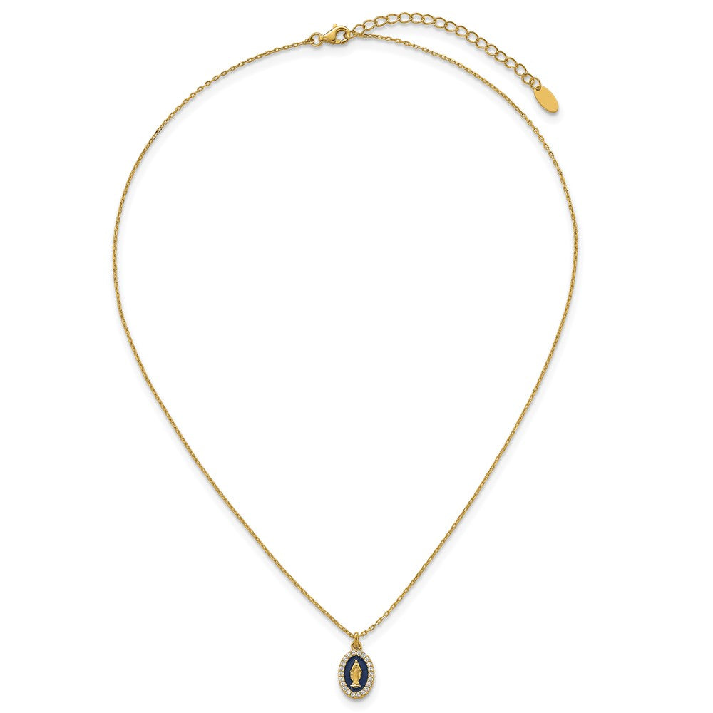 Sterling Silver Gold-plat CZ Enamel Miraculous Medal w/2in ext. Necklace