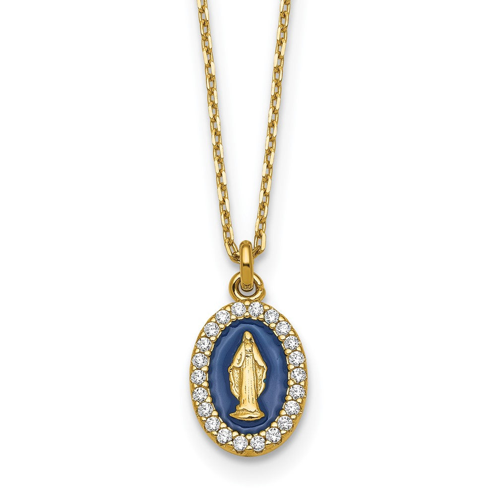 Sterling Silver Gold-plat CZ Enamel Miraculous Medal w/2in ext. Necklace