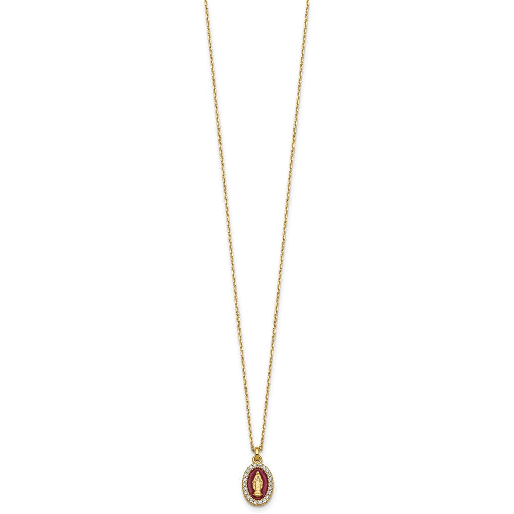 Sterling Silver Gold-plat CZ Enamel Miraculous Medal w/2in ext. Necklace
