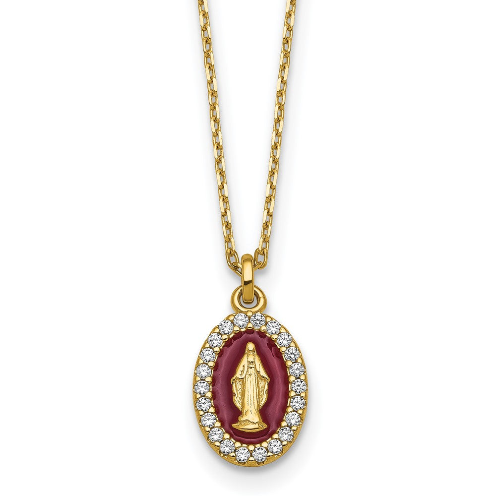Sterling Silver Gold-plat CZ Enamel Miraculous Medal w/2in ext. Necklace