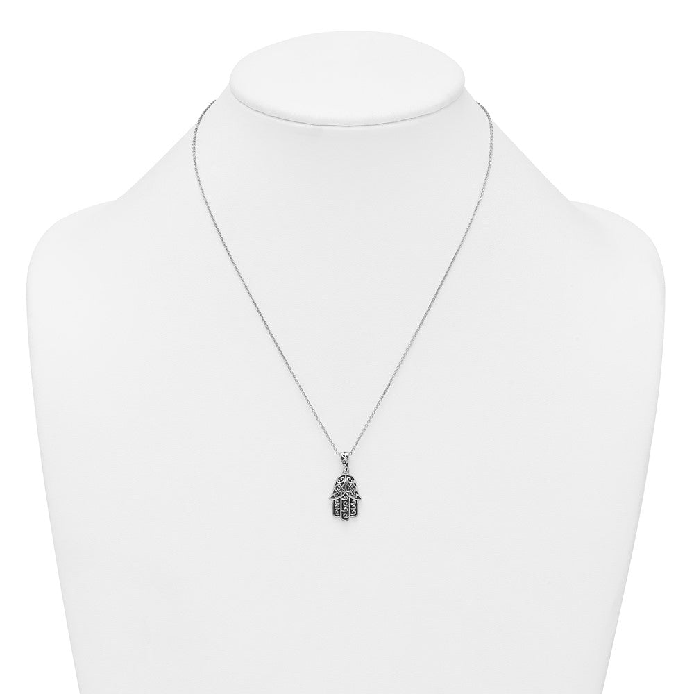 Sterling Silver RH-plated Polished/Oxidized Filigree Hamsa 18 Inch Necklace