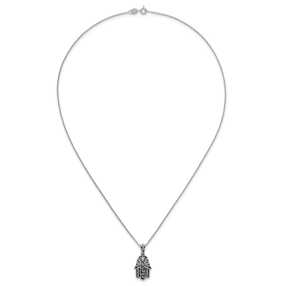 Sterling Silver RH-plated Polished/Oxidized Filigree Hamsa 18 Inch Necklace