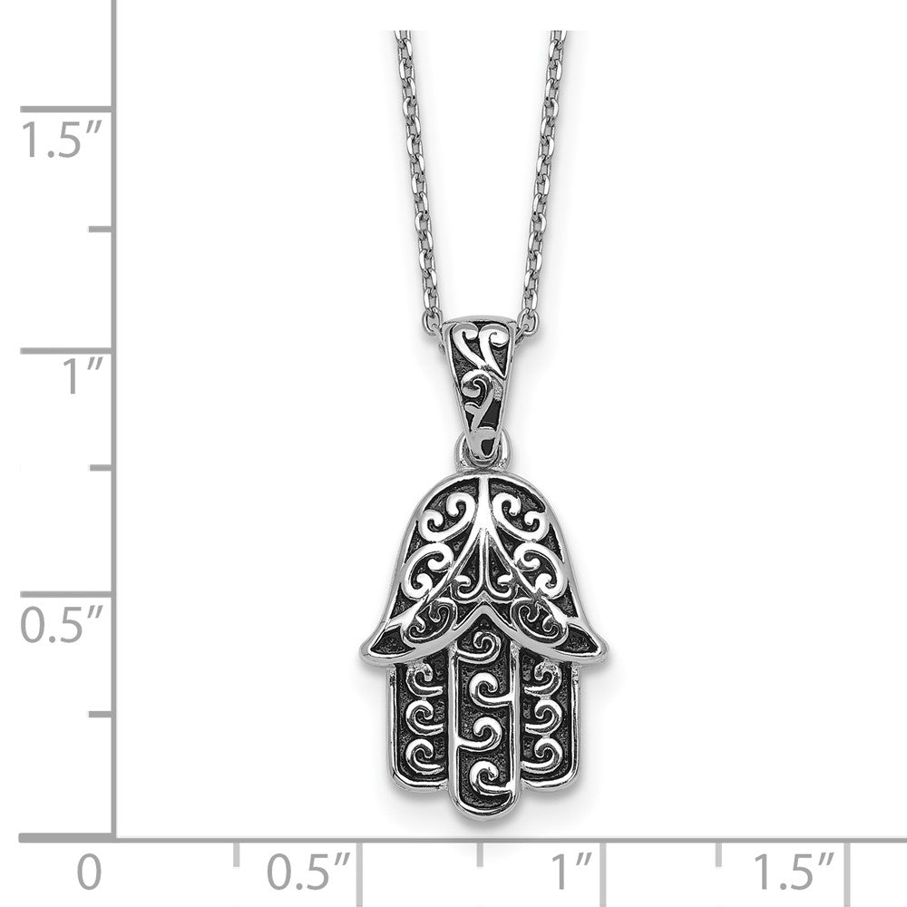 Sterling Silver RH-plated Polished/Oxidized Filigree Hamsa 18 Inch Necklace