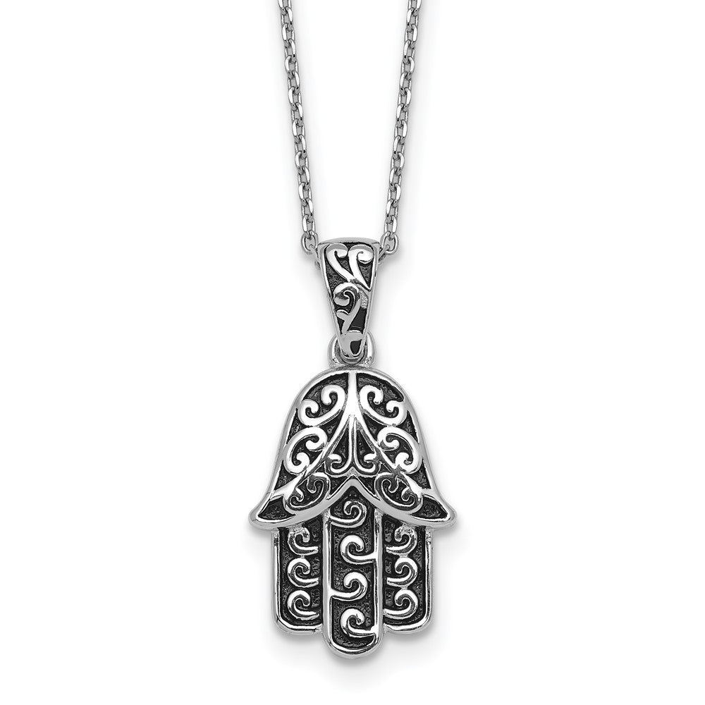 Sterling Silver RH-plated Polished/Oxidized Filigree Hamsa 18 Inch Necklace