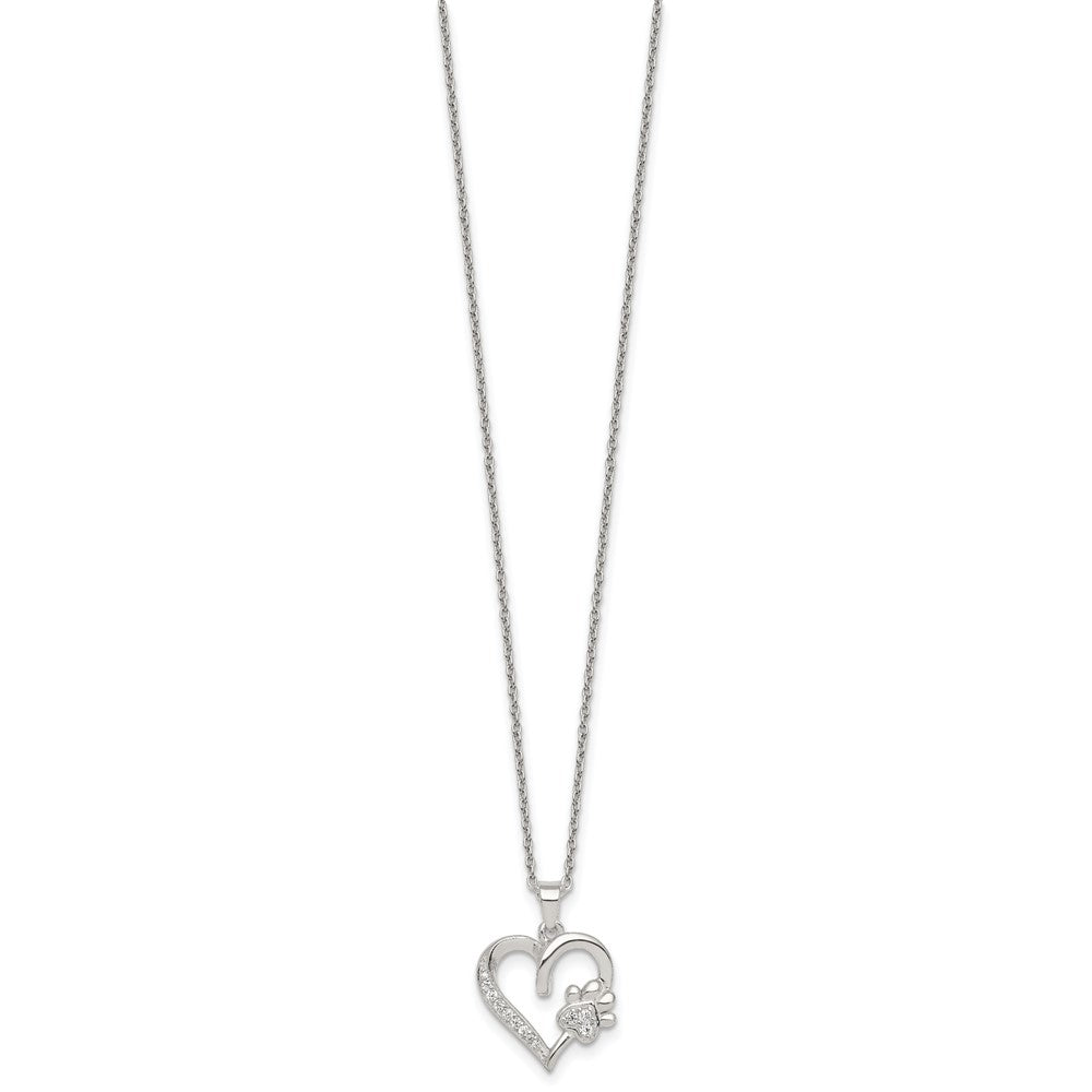 Sterling Silver Polished CZ Heart and Paw Necklace