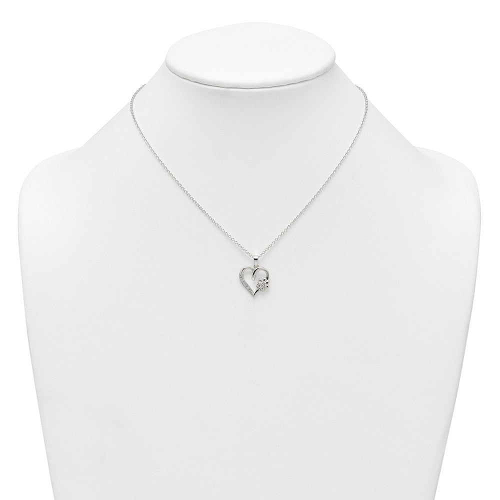 Sterling Silver Polished CZ Heart and Paw Necklace