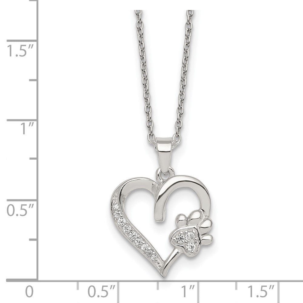 Sterling Silver Polished CZ Heart and Paw Necklace