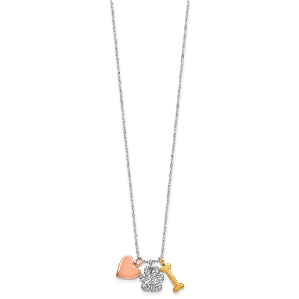 SS RH-plated w/Rose and Gold-plat CZ Paw Heart Dog Bone 2in Ext Necklace