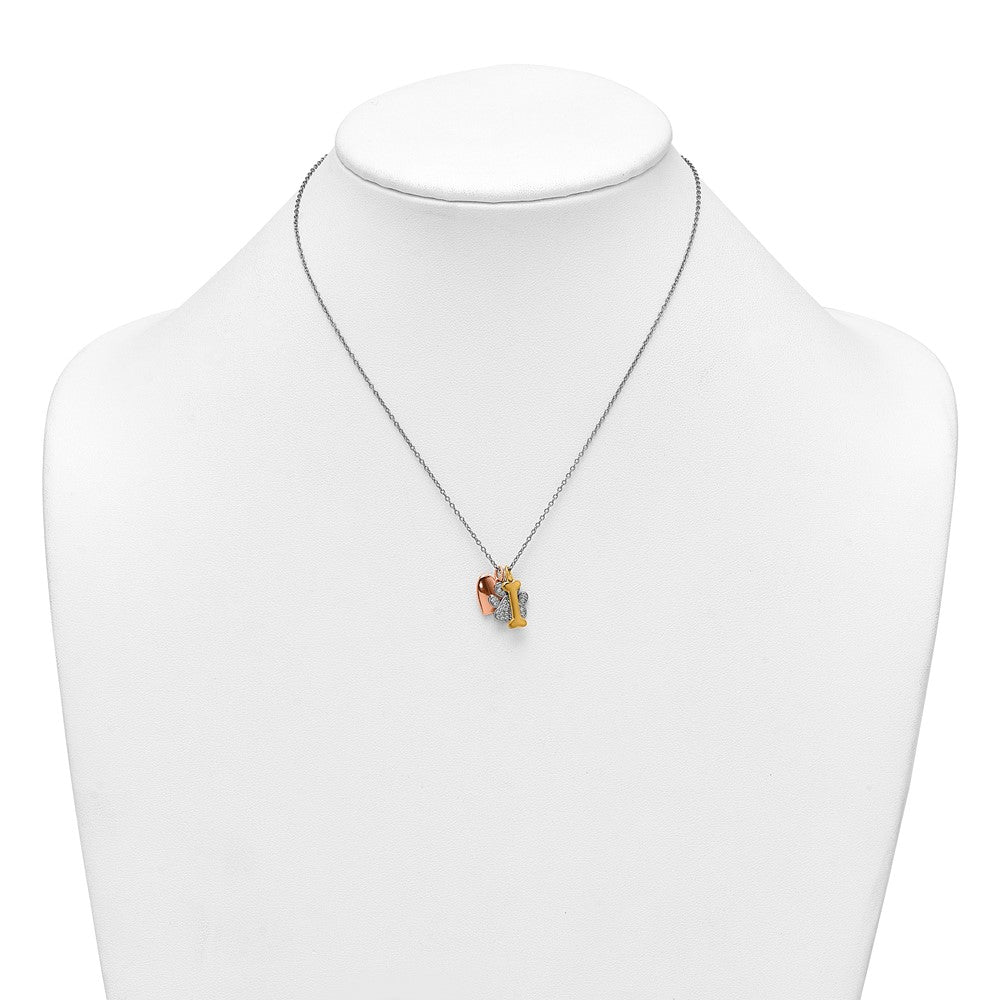 SS RH-plated w/Rose and Gold-plat CZ Paw Heart Dog Bone 2in Ext Necklace