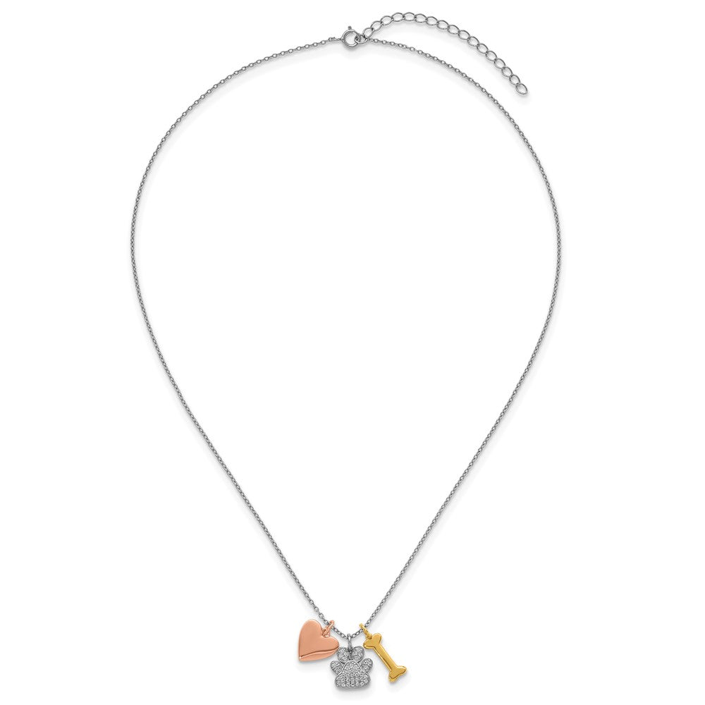 SS RH-plated w/Rose and Gold-plat CZ Paw Heart Dog Bone 2in Ext Necklace