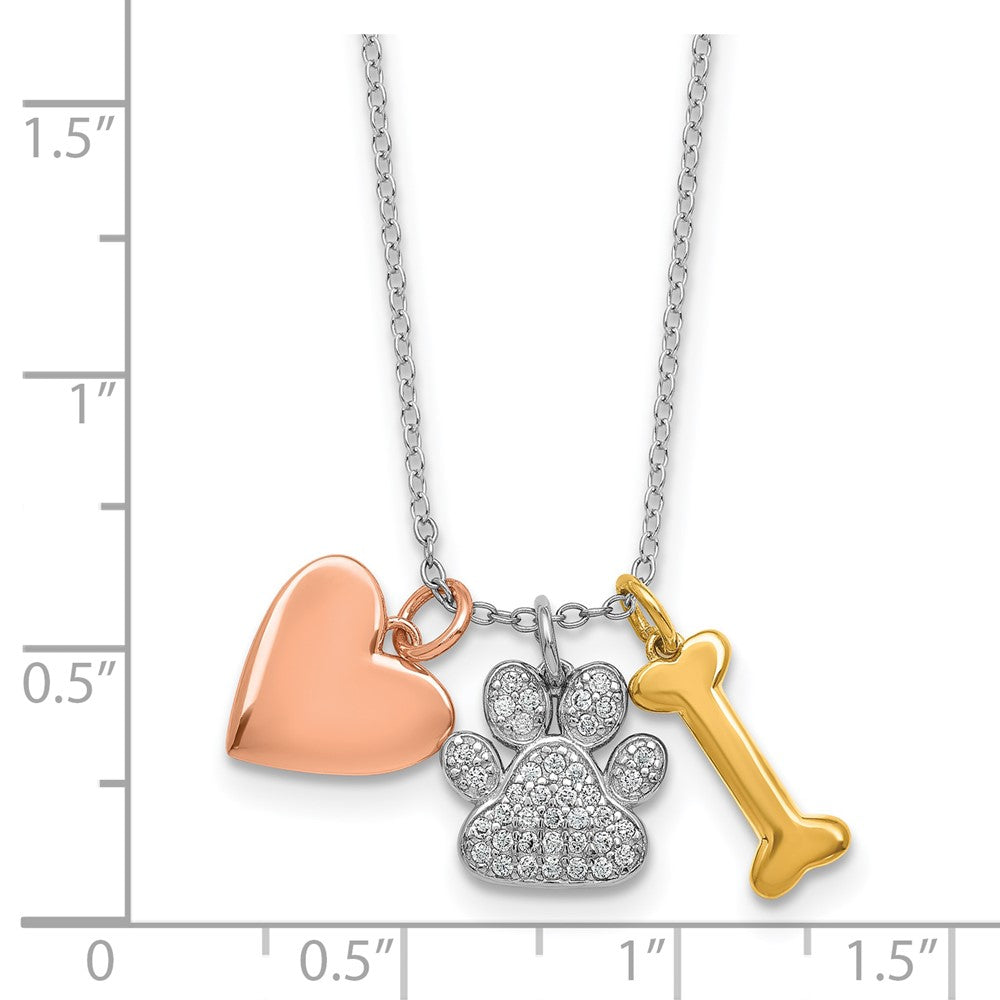 SS RH-plated w/Rose and Gold-plat CZ Paw Heart Dog Bone 2in Ext Necklace