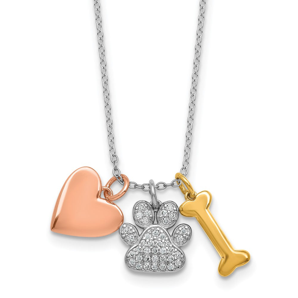 SS RH-plated w/Rose and Gold-plat CZ Paw Heart Dog Bone 2in Ext Necklace