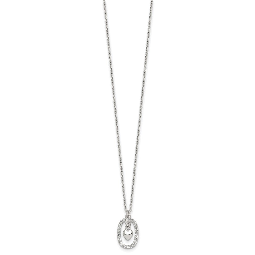 Sterling Silver Polished CZ Heart in Oval Necklace