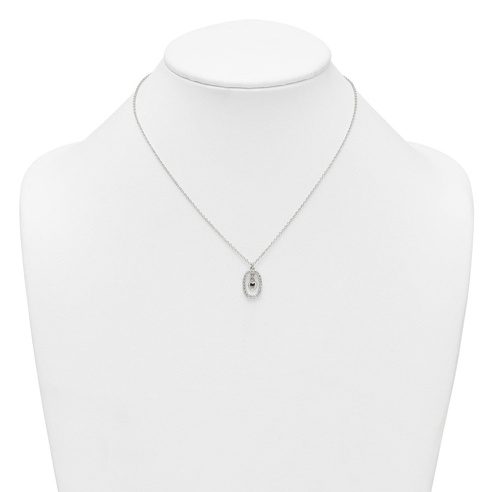 Sterling Silver Polished CZ Heart in Oval Necklace