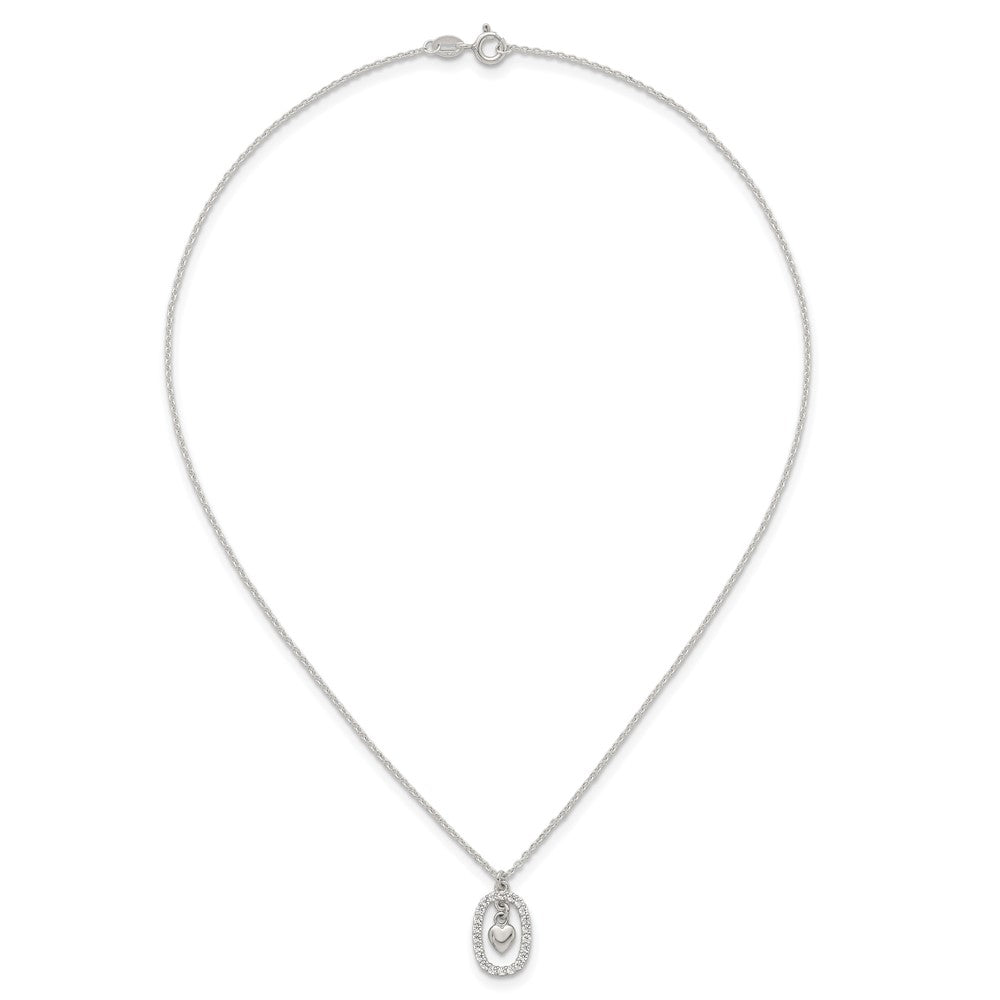Sterling Silver Polished CZ Heart in Oval Necklace